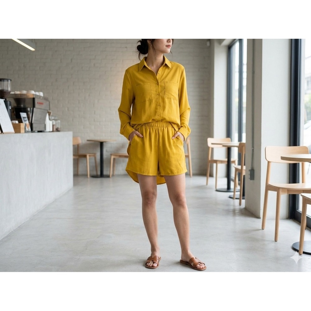 Fashion Classic Mustard Yellow 2 Piece Shirt and Shorts Set Womens 2XL NEW